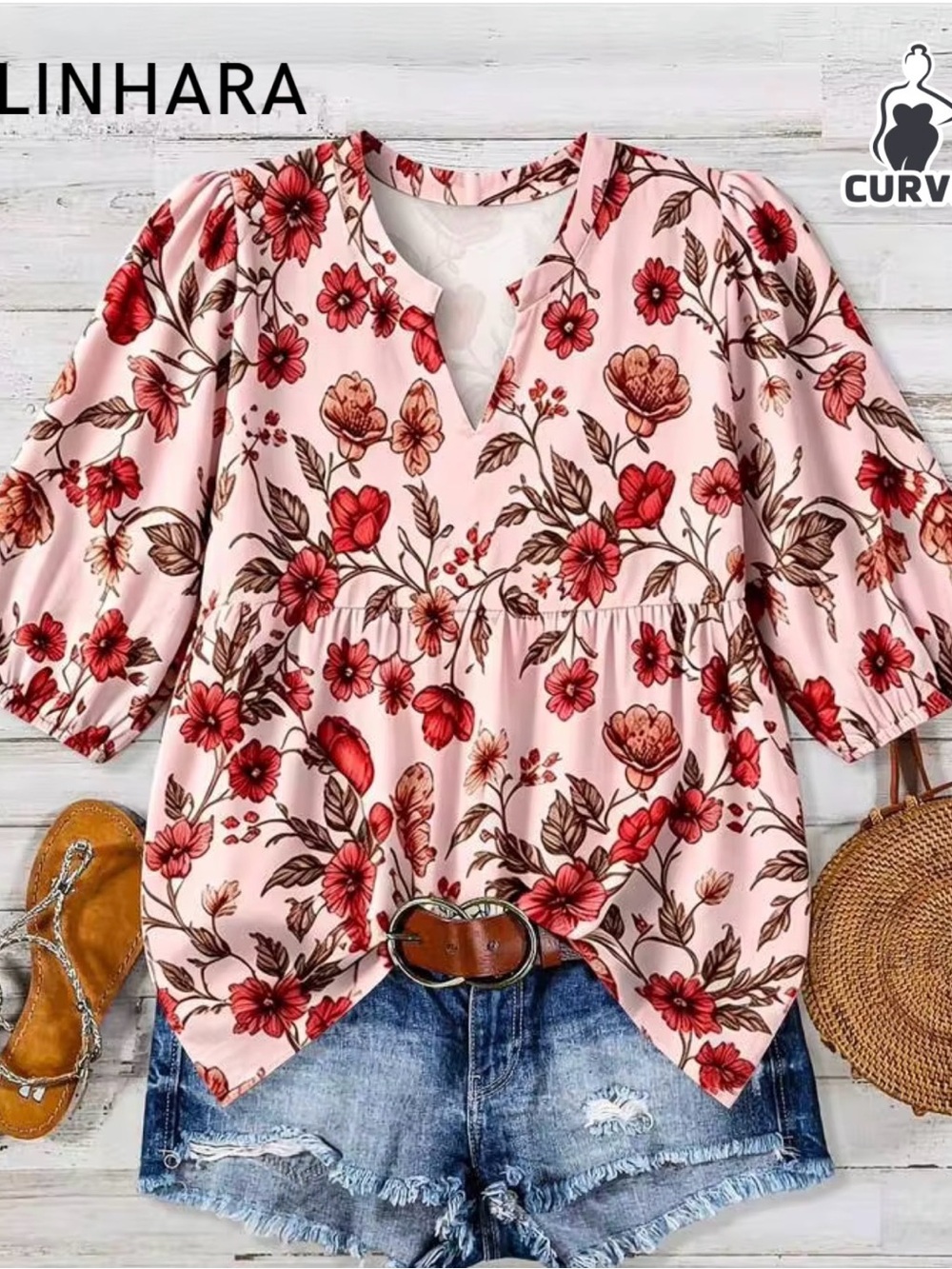SHEIN Curve LINHARA Floral Split Neck Blouse Plus Size 0XL NIP